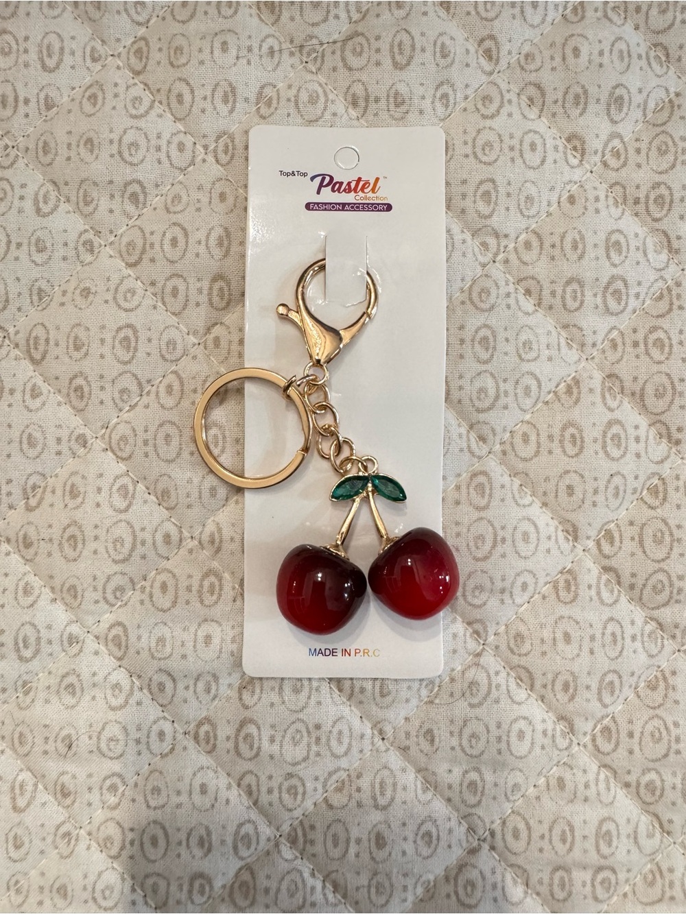 Red Cherry with green leaves Keychain - Gold Hardware